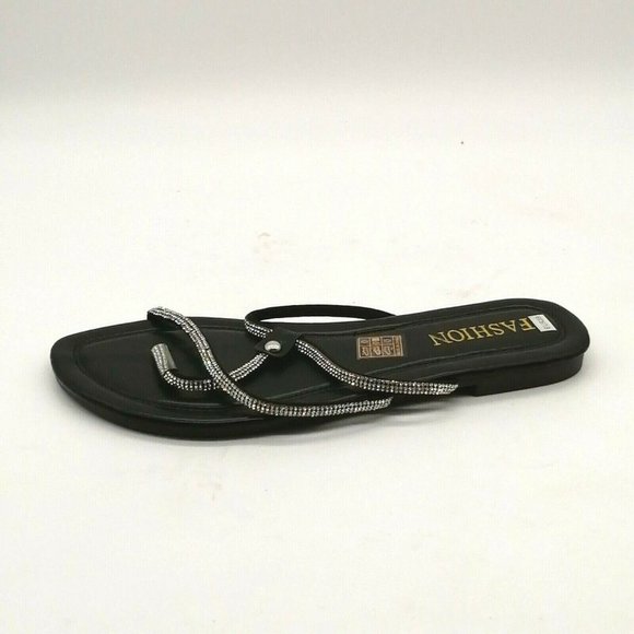 Fashion Womens Flat‎ Thong T-Strap Sandal Cushion Black w/Rhinestones EUR 39 NEW - Picture 1 of 9